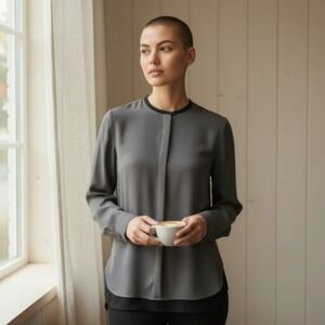 Vince 100% Silk Gray Longline Blouse 6 Mixed Media Back Minimalist Corporatecore